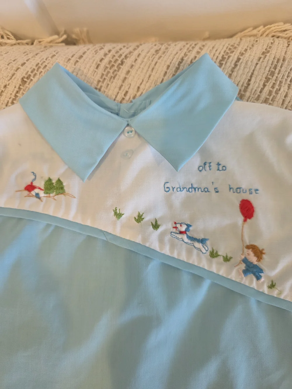 Vintage Nostalgic Infant 3-6 Month Blue and White Embroidered Baby Swing Shirt
